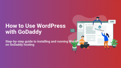 Illustration showing people collaborating to set up a WordPress website within a browser interface, alongside text 'How to Use WordPress with GoDaddy' outlining a step-by-step guide for hosting.