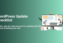 WordPress update checklist illustration: people in hard hats working on a website displaying 'under maintenance' to ensure a safe, step-by-step update process.