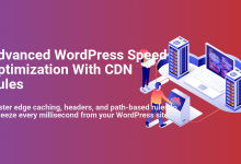 Advanced WordPress speed optimization with CDN rules, showing server racks and people configuring edge caching for faster site performance.