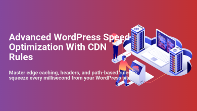 Advanced WordPress speed optimization with CDN rules, showing server racks and people configuring edge caching for faster site performance.