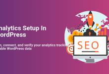 WordPress analytics setup illustration: monitor with 'SEO,' data charts, tracking target, rocket, and global data connections.