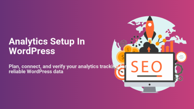WordPress analytics setup illustration: monitor with 'SEO,' data charts, tracking target, rocket, and global data connections.