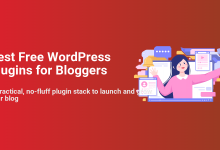 A smiling blogger with a selfie stick and phone, surrounded by website elements including a WordPress logo, illustrating free plugins.