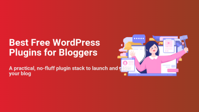 A smiling blogger with a selfie stick and phone, surrounded by website elements including a WordPress logo, illustrating free plugins.