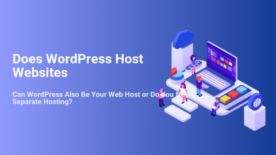 Isometric illustration of people interacting with a laptop, cloud server, and internet globe, asking 'Does WordPress Host Websites?'