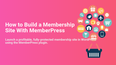 Graphic for 'How to Build a Membership Site With MemberPress' with e-commerce icons and shopping basket, illustrating WordPress monetization.