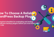 Header image for an article titled 'How To Choose A Reliable WordPress Backup Plugin,' featuring relevant icons for tools, security, and scheduling.
