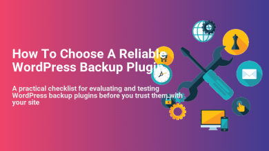 Header image for an article titled 'How To Choose A Reliable WordPress Backup Plugin,' featuring relevant icons for tools, security, and scheduling.