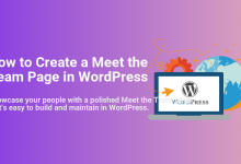 How to Create a Meet the Team Page in WordPress, illustrated with a laptop showing the WordPress logo, a globe, and gears.