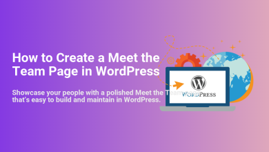How to Create a Meet the Team Page in WordPress, illustrated with a laptop showing the WordPress logo, a globe, and gears.
