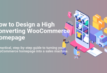 Isometric illustration of a high converting WooCommerce homepage featuring a mobile store, shopping bags, delivery truck, and people.