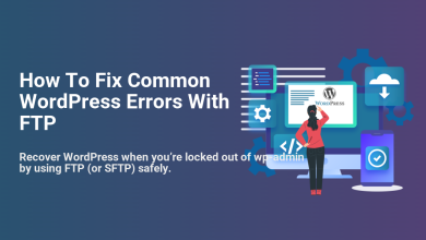 Illustration of a woman troubleshooting common WordPress errors with FTP, looking at a monitor displaying the WordPress logo, surrounded by gears, code, and cloud icons.