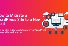 Illustration detailing how to migrate a WordPress site to a new host, showing secure data transfer between devices, databases, and servers.