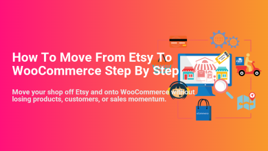 Graphic showing how to move an online shop from Etsy to WooCommerce, featuring elements of product migration, customer service, and e-commerce delivery.