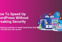 Illustration of a person speeding up WordPress securely, working on a laptop connected to fast servers with cloud hosting and security features.