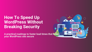 Illustration of a person speeding up WordPress securely, working on a laptop connected to fast servers with cloud hosting and security features.