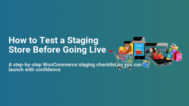 Illustration of mobile devices, a tablet, and a shopping cart with e-commerce items, accompanying the title "How to Test a Staging Store Before Going Live" for a WooCommerce checklist.
