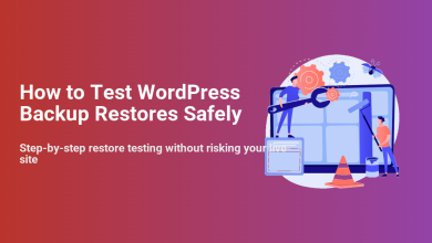 Illustration: two people perform website maintenance and testing for WordPress backup restores safely on a screen, minimizing risk.