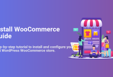 Visual guide to install WooCommerce, showing an active online store on a smartphone with shoppers and shopping elements.