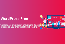 Illustration asking 'Is WordPress Free' with people building a website, representing the cost breakdown for WordPress domains, hosting, themes, and plugins.