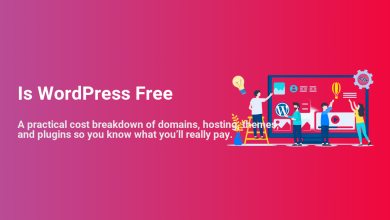 Illustration asking 'Is WordPress Free' with people building a website, representing the cost breakdown for WordPress domains, hosting, themes, and plugins.