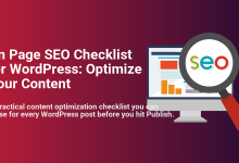 On Page SEO Checklist for WordPress: Monitor with site analytics and magnifying glass highlighting 'SEO' for content optimization.
