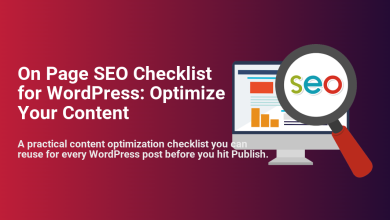 On Page SEO Checklist for WordPress: Monitor with site analytics and magnifying glass highlighting 'SEO' for content optimization.