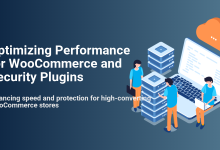 Illustration of people optimizing WooCommerce performance and security plugins by managing server resources, laptops, and cloud services.