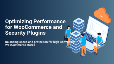 Illustration of people optimizing WooCommerce performance and security plugins by managing server resources, laptops, and cloud services.