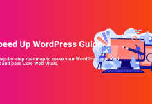 Speed Up WordPress Guide illustration showing a web developer optimizing a website on desktop and mobile, emphasizing site performance, Core Web Vitals, and a step-by-step roadmap.