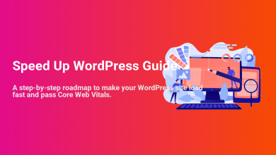 Speed Up WordPress Guide illustration showing a web developer optimizing a website on desktop and mobile, emphasizing site performance, Core Web Vitals, and a step-by-step roadmap.