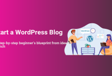 Two people collaborating on starting a WordPress blog, illustrating the step-by-step process from idea to launch, with WordPress branding and a laptop.