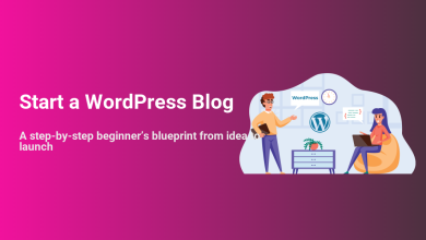Two people collaborating on starting a WordPress blog, illustrating the step-by-step process from idea to launch, with WordPress branding and a laptop.
