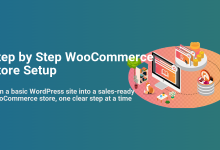Step-by-step WooCommerce store setup illustration showing a WordPress site evolving into an e-commerce platform with products and payments.