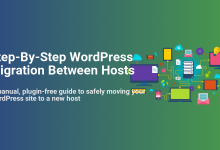 Step-By-Step WordPress Migration Between Hosts guide cover, showing interconnected servers, computers, and mobile devices.