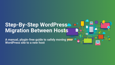 Step-By-Step WordPress Migration Between Hosts guide cover, showing interconnected servers, computers, and mobile devices.