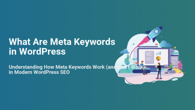 Graphic for 'What Are Meta Keywords in WordPress' featuring SEO analysis on a monitor, people, and a rocket symbolizing growth.