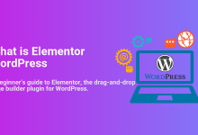 Laptop displaying 'What is Elementor WordPress' and WordPress logo, surrounded by gears and globes, illustrating the drag-and-drop page builder.