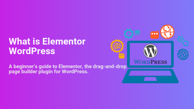 Laptop displaying 'What is Elementor WordPress' and WordPress logo, surrounded by gears and globes, illustrating the drag-and-drop page builder.