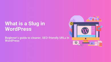 Illustration of a computer showing the WordPress logo, with text explaining 'What is a Slug in WordPress' and 'SEO-friendly URLs guide'