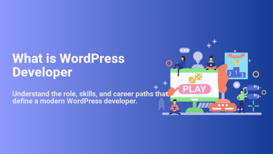 Illustration detailing a WordPress developer's role, skills, and career paths, with people creating and interacting with a digital environment.