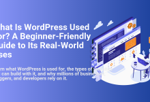 User building a WordPress website on a laptop, showing design elements and code tools, highlighting its beginner-friendly uses.