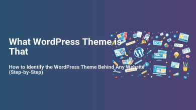 Banner for 'What WordPress Theme is That' with WordPress logo and web design elements, illustrating how to identify a website's theme.