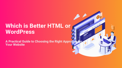 Illustration asking 'Which is Better HTML or WordPress?', depicting HTML & CSS code, a website interface, and a developer choosing the right approach.