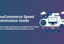 WooCommerce speed optimization guide illustration with a cloud connecting desktop, mobile devices, servers, and gears for performance.