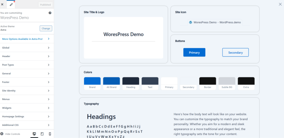 WordPress Astra theme customizer showing global styling options for colors, typography, buttons, and site identity.