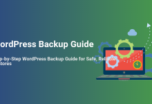 WordPress backup guide illustration: laptop with gears, cloud, and clock, representing safe and reliable website data restores.