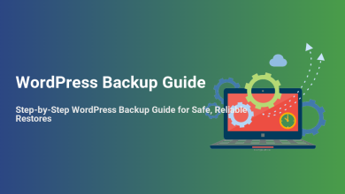 WordPress backup guide illustration: laptop with gears, cloud, and clock, representing safe and reliable website data restores.