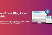 WordPress Blog Layout Guide for a clean, high-converting site, illustrated with a responsive blog design on desktop, tablet, and mobile devices, featuring the WordPress logo.