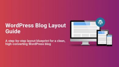 WordPress Blog Layout Guide for a clean, high-converting site, illustrated with a responsive blog design on desktop, tablet, and mobile devices, featuring the WordPress logo.